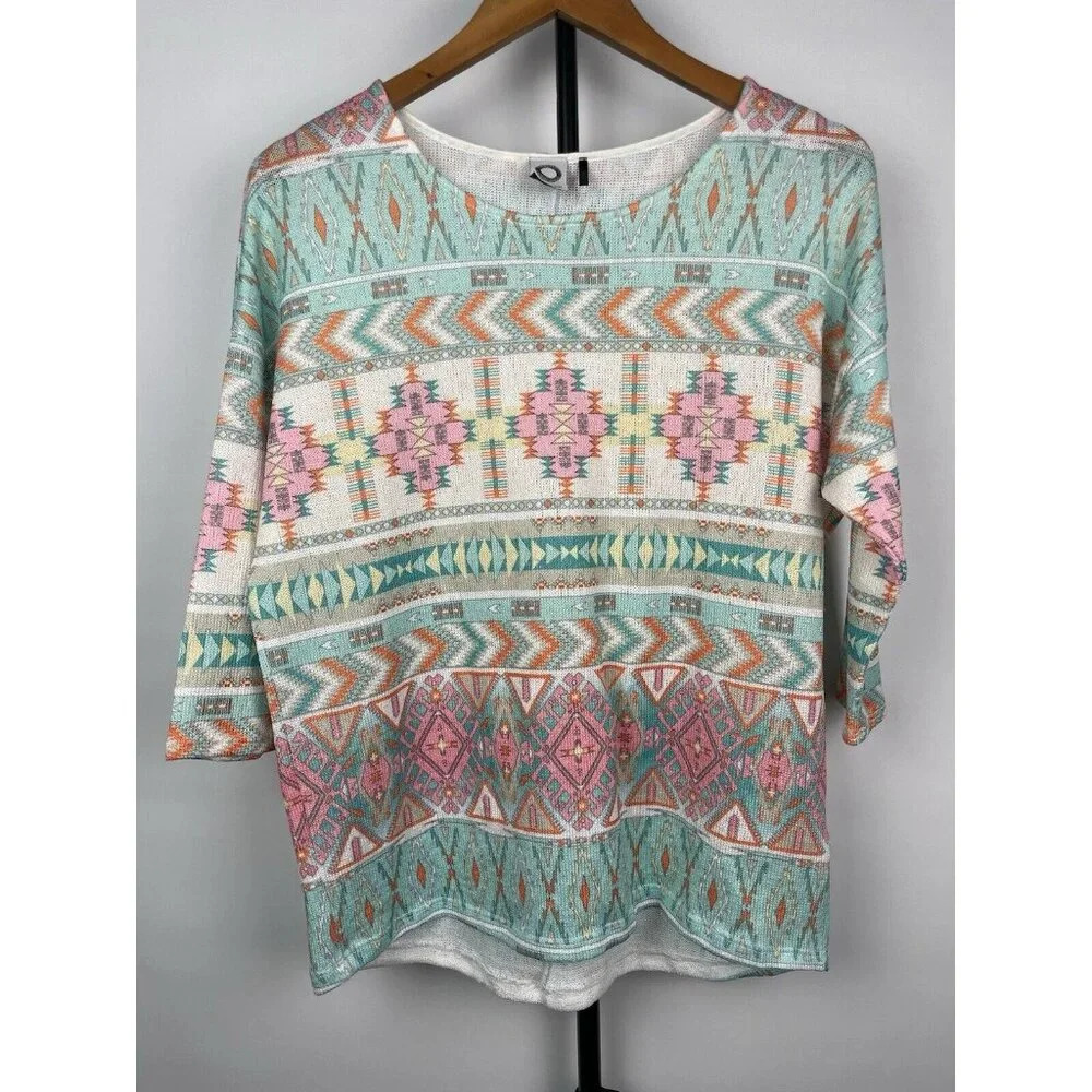 Akemi + Kin Anthropologie Multicolor Morgana Tribal Aztec Knit 3/4 Sleeve Top M